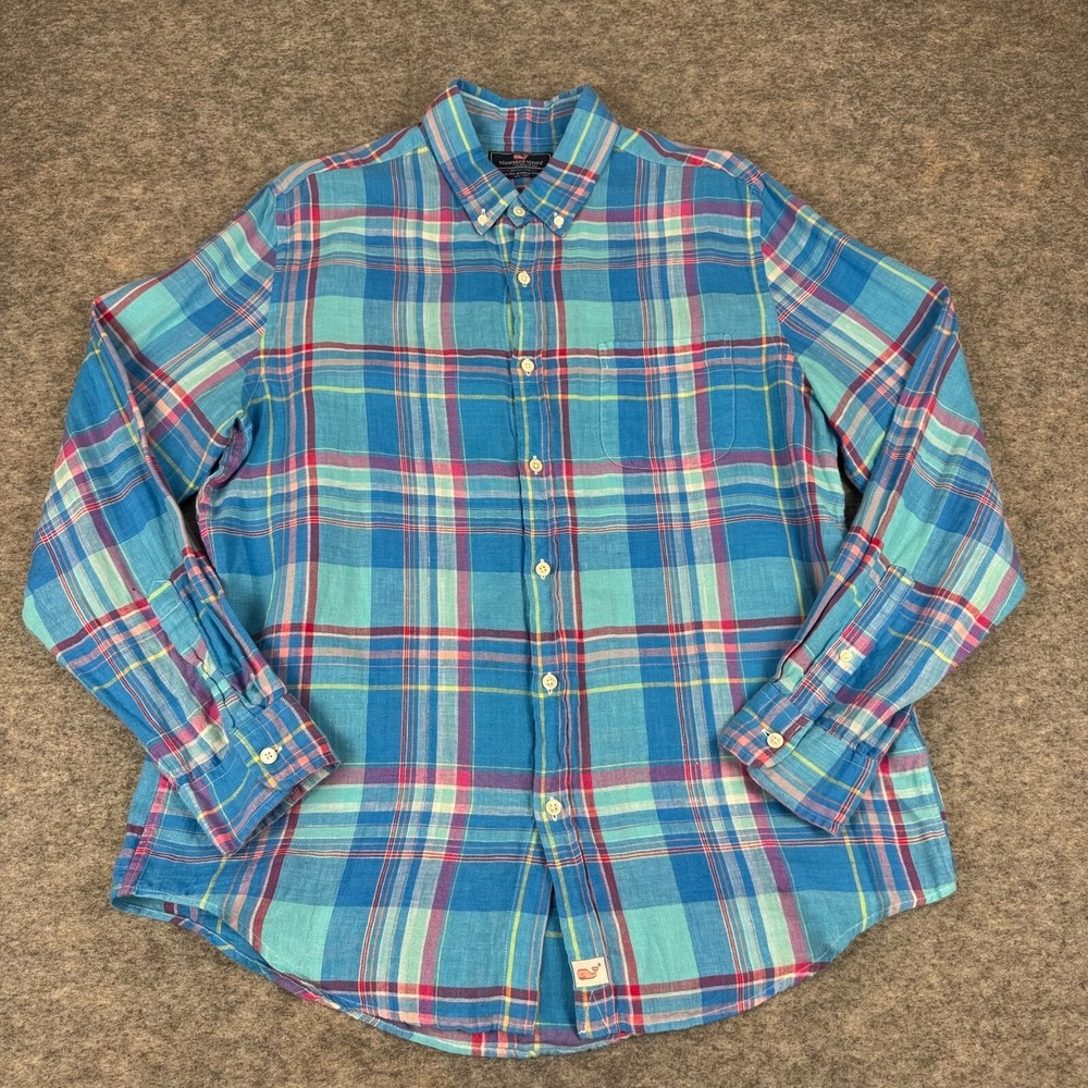 Vineyard‎ Vines Slim Fit Murray Shirt Button Down Linen Plaid Blue Mens Large L